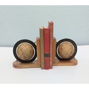 Wood Spinning Globe Book Ends Vintage Pair Brass Accents Traditional Decor